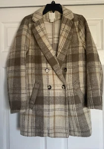 H&M Sakko Damen Größe 2 Poly Wolle elfenbein braun kariert flauschiger Peacoat beige Knopf - Bild 1 von 5