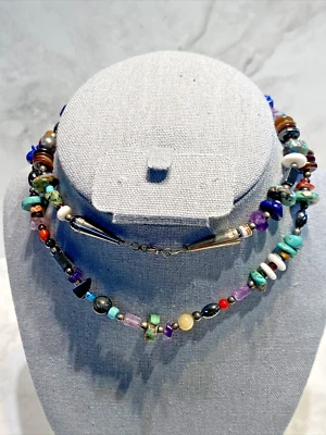 NAVAJO BEADED STERLING SILVER &  MULTI GEMSTONES TURQUOISE NECKLACE BAG 3-6 - Image 1 of 4