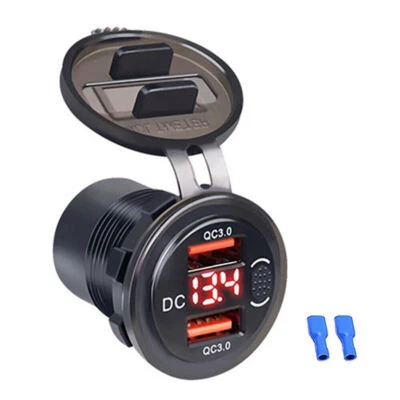QC3.0 Dual USB Charger with LED Voltmeter Fast Car Motorcycle Charger Socket US - Image 1 of 4