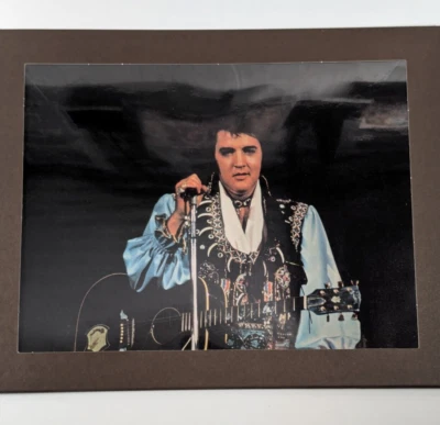 Brown Framed Elvis Performing Cutout - Color Photo, Microphone & Black Guitar - Image 1 of 4