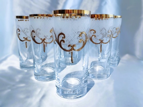 Czech Bohemian Glass Handmade   Whiskey glass  6 pcs with polished mesh an gold