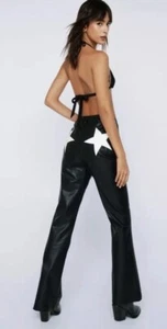 Nasty Gal Faux Leather Star Bum Flared Pants Size 12 Black Bellbottoms - Picture 1 of 4
