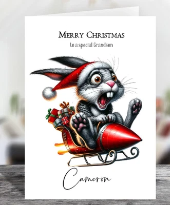 Tarjeta de felicitación personalizada Crazy Rocket Rabbit novedad Navidad brillante Foto 1 de 3