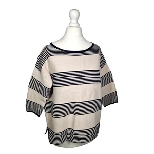 PURE Collection Breton Stripe Jumper Womens UK 12 Blue Ecru Boxy Ribbed Cotton - Picture 1 of 6