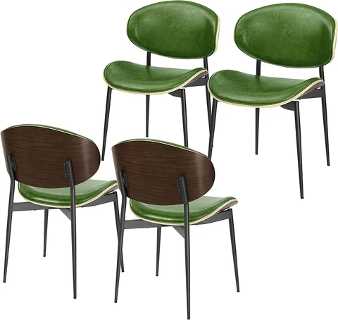 Dining Chairs Set of 4, Walnut Bentwood, Mid Century Modern Chair, Green Faux Le Cover