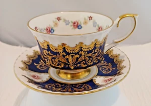 PARAGON BONE CHINA ROYAL BLUE, GOLD & FLORAL BY APPOINTMENT CUP & SAUCER FLORAL - Picture 1 of 7