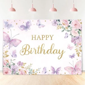Butterfly Floral Happy Birthday Backdrop 7Wx5H Feet Fabric Polyester for Girl... - Picture 1 of 5
