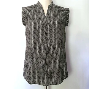 PENDLETON Black Tan Stripe Cap Sleeve Split Neck Button Silk Top Blouse Small - Picture 1 of 6