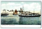 1909 Scene In Harbor Sailboats Scene Steamships Chicago Illinois Il Postcard