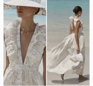 DISSH Malta Palm Frill Linen Halter Backless Maxi Dress Beige Size AU 8 / US 4 - Picture 1 of 7