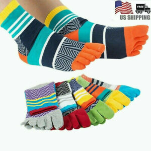 5 Pack Men Five Finger Toe Socks Cotton Multicolor Crew Breathe Striped Spring