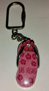 Vintage Flip Flop Keychain Las Vegas Souvenir Keyring Pink Flowers Crystal Metal - Picture 1 of 4