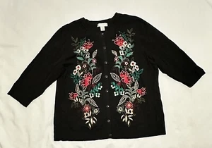 CJ Banks Black Floral Embroidered 3/4 Sleeve Button Up Cardigan Sz 1X - Picture 1 of 8