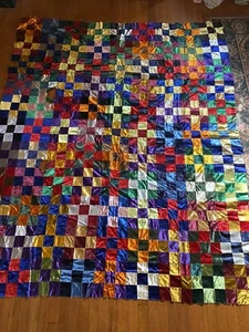 Vtg Satin Crazy Quilt Top 87x73 Unfinished Topper Only Cutters Repair Repurpose - Picture 1 of 23