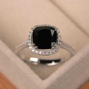4Ct Cushion Cut Lab Created Black Diamond Womens Solitaire Ring 10k White Gold - Picture 1 of 6