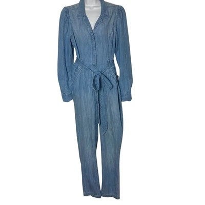 Mono de mezclilla Express para mujer grande manga abullonada cinturón de corbata retro manga larga Foto 1 de 4