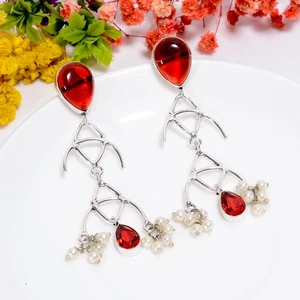 Red Garnet Biwa Pearl Gemstone Handmade 925 Sterling Silver Earrings 2.8" I339 - Picture 1 of 5