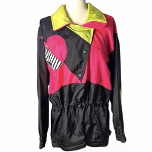 Vintage White Stag Jacket Womens Large Black Neon Pink Skiwear Pullover 80s 90s - Picture 1 of 14