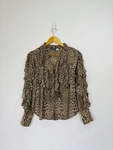 Mint Velvet Blouse Women Size Small Brown Animal Print Buttoned Ruffle V Neck - Picture 1 of 12