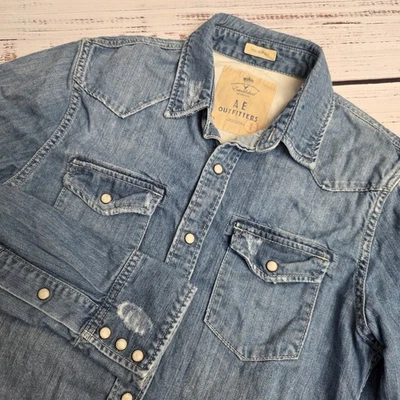 Camisa a Presión American Eagle Vintage Fit Denim Perla Para Hombre Pequeña Manga Larga Botón Foto 1 de 4