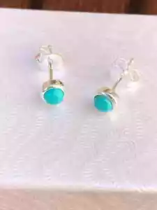 Tinny Blue Turquoise Bezel Set Mini Stud Earrings 14k White Gold Plated gift - Picture 1 of 5