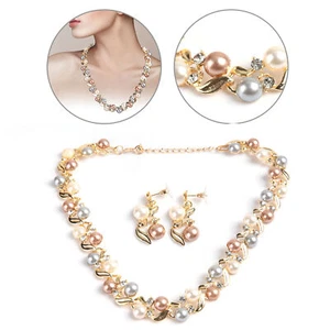 Women Faux Pearl Necklace Earrings Set Bridal Jewelry Set with Rhinestone(Gold) - Picture 1 of 12