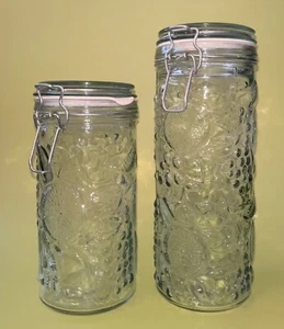 Fruit Embossed Glass Canister Wire Bale Jar Storage Set of 2 - Picture 1 of 13