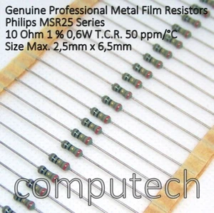 10 pezzi 10 Ohm 0,6W 1% Resistenze Professionali a Film di Metallo Philips MSR25 - Foto 1 di 1