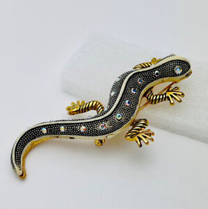 Gold Tone Lucite Aurora Crystal Lizard/Gecko Pin/Brooch
