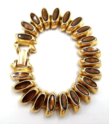 Vintage 1980's ERWIN PEARL Gold Tone Amber Enamel Wavy Chunky 7" Bracelet - Image 1 of 4