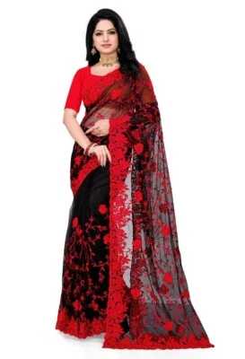 编织刺绣宝莱坞网纱丽(红色、黑色) — 第 1/4 张图片