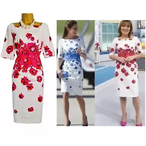 LK BENNETT LASANA White Floral Pink Poppy Print Fitted Canvas Dress UK10 - Picture 1 of 12