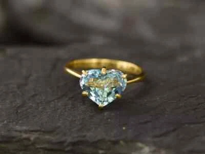 3.00 Ct Heart Shape Natural Aquamarine Wedding Ring 14K Yellow Gold Size 5 6 7 - Image 1 of 4