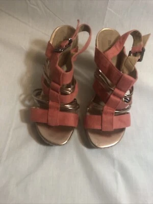 call it spring Faux Suede Gold Strappy Wedge platform Open Toe Sandals. Size 8.5 - Image 1 of 4