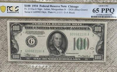 1934 $100 Federal Reserve Note Chicago PCGS 65 PPQ Gem UNC Fr 2152a G - Image 1 of 4