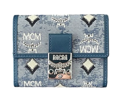 Cartera MCM Pequeña Azul Vintage Denim Lona Cuero Monograma Logo Snap Foto 1 de 4