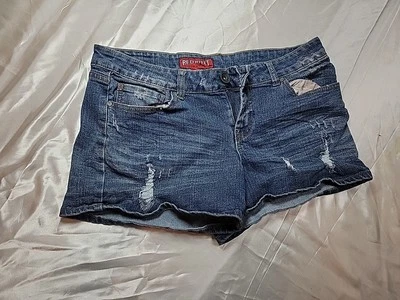 Pantalones Cortos de Jean Mujer Rojo Remache Azul Rasgados y Desgastados Talla 13 "D008" Foto 1 de 4