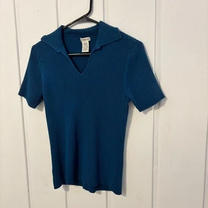 St John's Bay Medium V-Ausschnitt Kragen marineblau gerippt Kurzarm Shirt - Bild 1 von 6