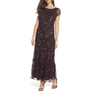 Pisarro Nights Plus size 16W Wine Beaded Gown Short Sleeve Lined cocktail Midi  - Picture 1 of 15