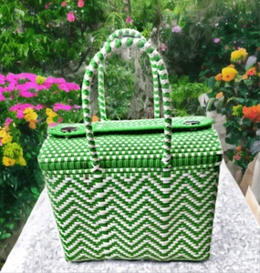 Women's Green White Handwoven Recycled Plastic Mexican Bag Handcrafted Square - Picture 1 of 13
