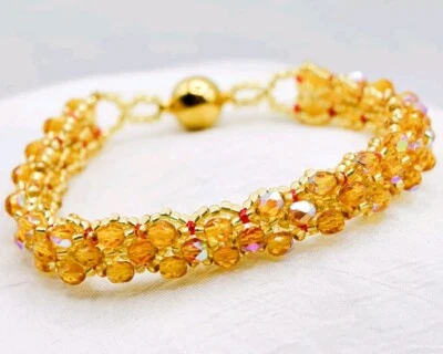 Armband Damen Schmuck handgerfertigt Glasperlen Beige Gold flach Magnet 19 cm - Bild 1 von 4