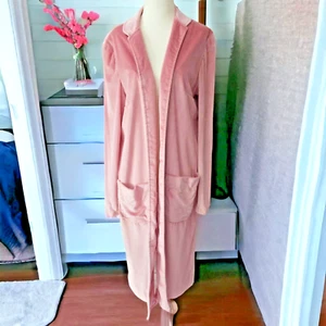 Womens Bath Robe Fits Medium Pink Velour Handmade Pockets Beltless Very Soft - Picture 1 of 6