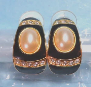 Vtg Joan Rivers Gold Tone Half Hoops w/ Clear Crystals Faux Pearl 1" Earrings - Picture 1 of 6