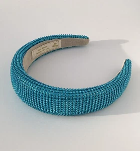 Padded 1.5” Headband with Aquamarine Rhinestone Aluminum Mesh Overlay Handmade - Picture 1 of 8