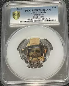 2021 3 OZ Plata Islas Cook Héroe Real Bombero Prueba de Color PCGS PR70DCAM!! - Imagen 1 de 4