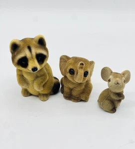 Vintage Josef Original Flocked Animal Figurine Lot of 3 Raccoon Mouse Elephant - Picture 1 of 10