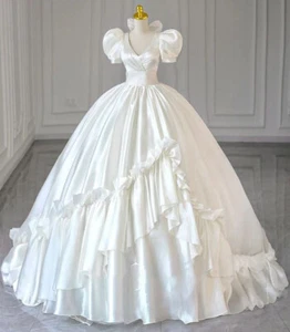 Vintage Puff Sleeves Wedding Dresses Satin Ruffles V Neck Bridal Ball Gowns - Picture 1 of 9