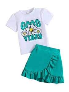 HSOXLQF Kids Toddler Girl Summer Clothes Letter Printed T-Shirt Top+ Floral S... - Picture 1 of 7