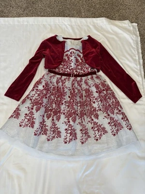 Vestido de fiesta Jona Michelle blanco rojo talla 12 elegante de vacaciones con chaqueta aterciopelada. 2 piezas. Foto 1 de 4