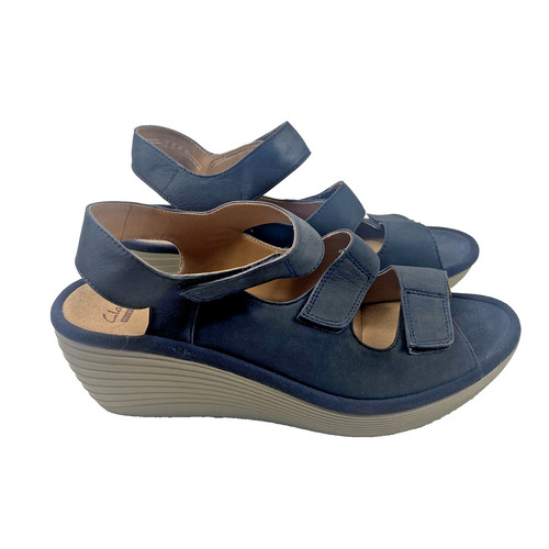 Scarpe Clarks donna taglia 8 5 blu sandalo morbido imbottito zeppa cinturino comodo